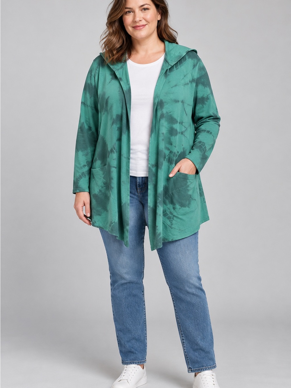 Chico’s Zenergy Teal Tie Dye Hooded Pima Cotton Cardigan Size 3 US 16/18